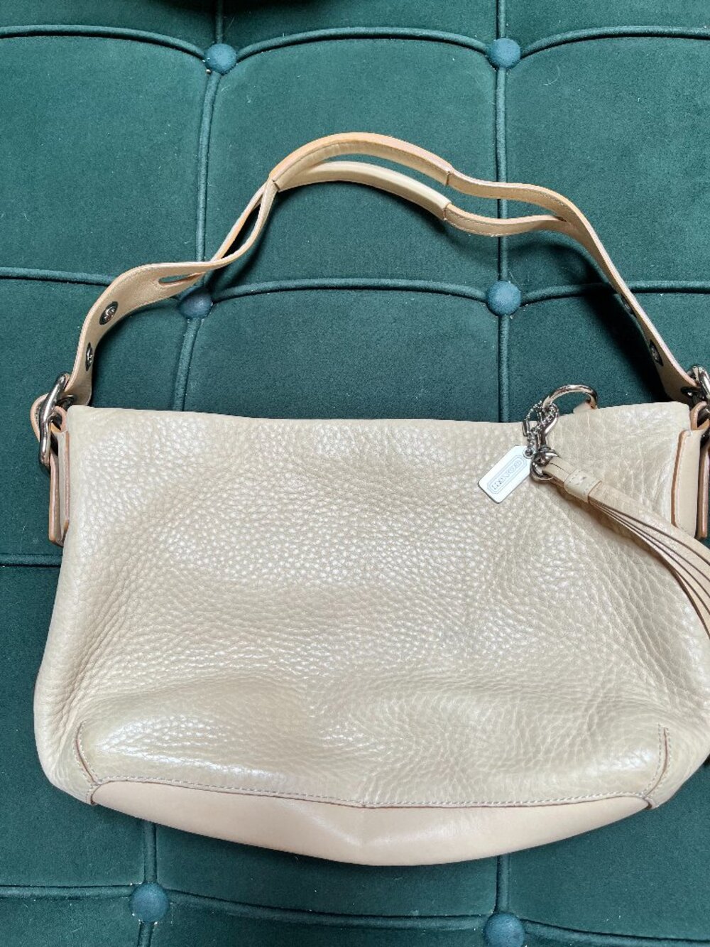 Coach Pebbled Leather Tassel Shoulder Bag Beige Tan Hobo